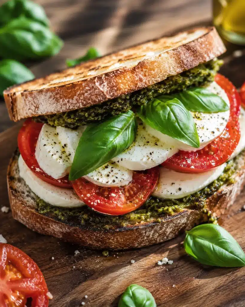 Close view of sandwich with mozzarella, tomatoes, basil leaves, and pesto spread