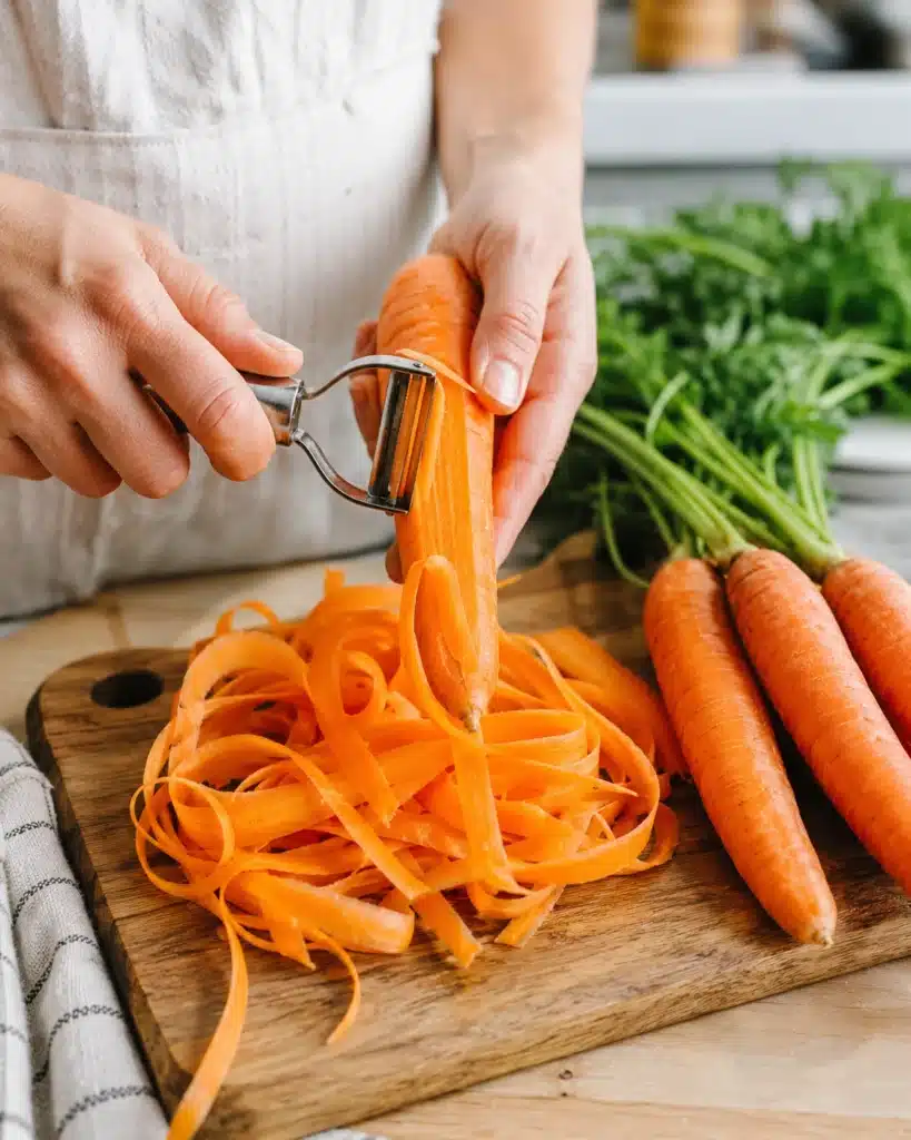 Hands peeling fresh carrots into thin ribbons on a wooden board