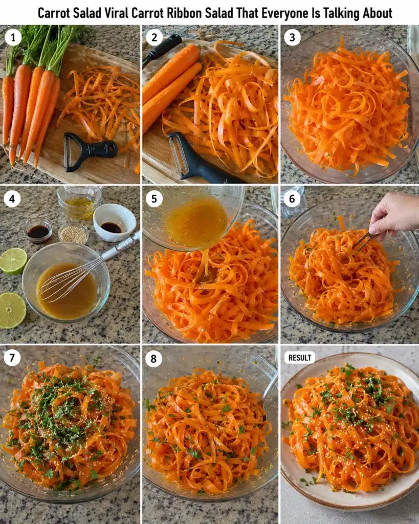 Step by step preparation of carrot ribbons and dressing in a bowl