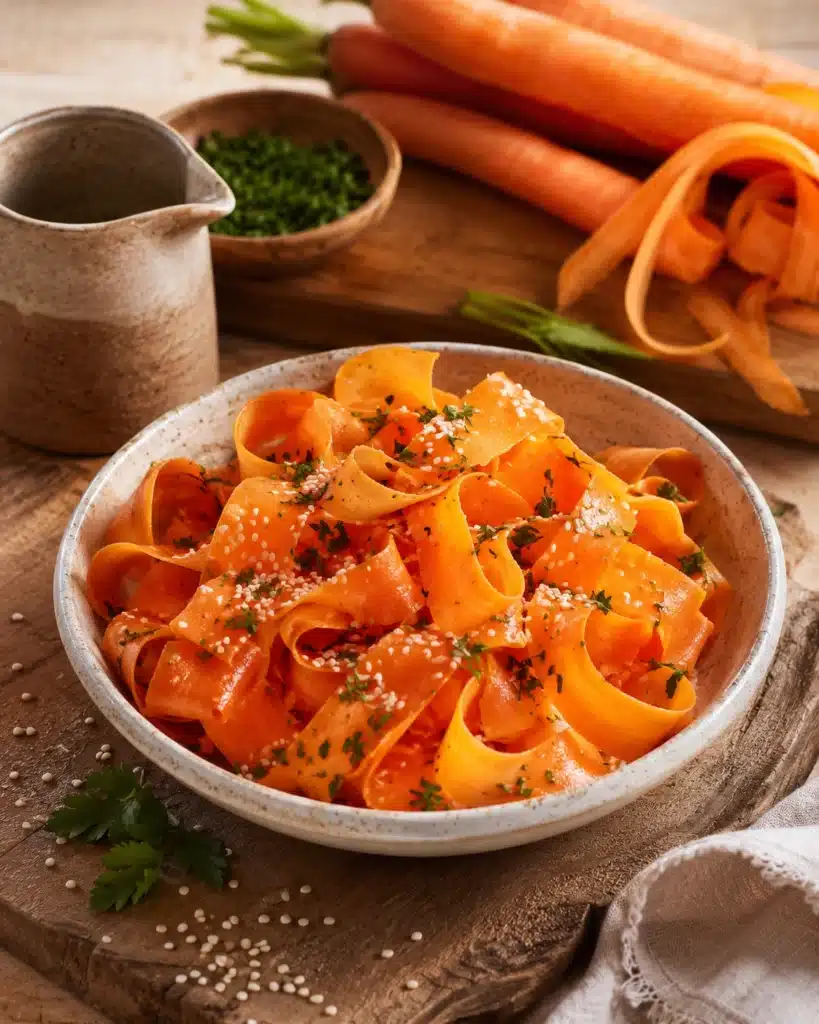 Carrot ribbons served in a rustic bowl with sesame seeds and herbs