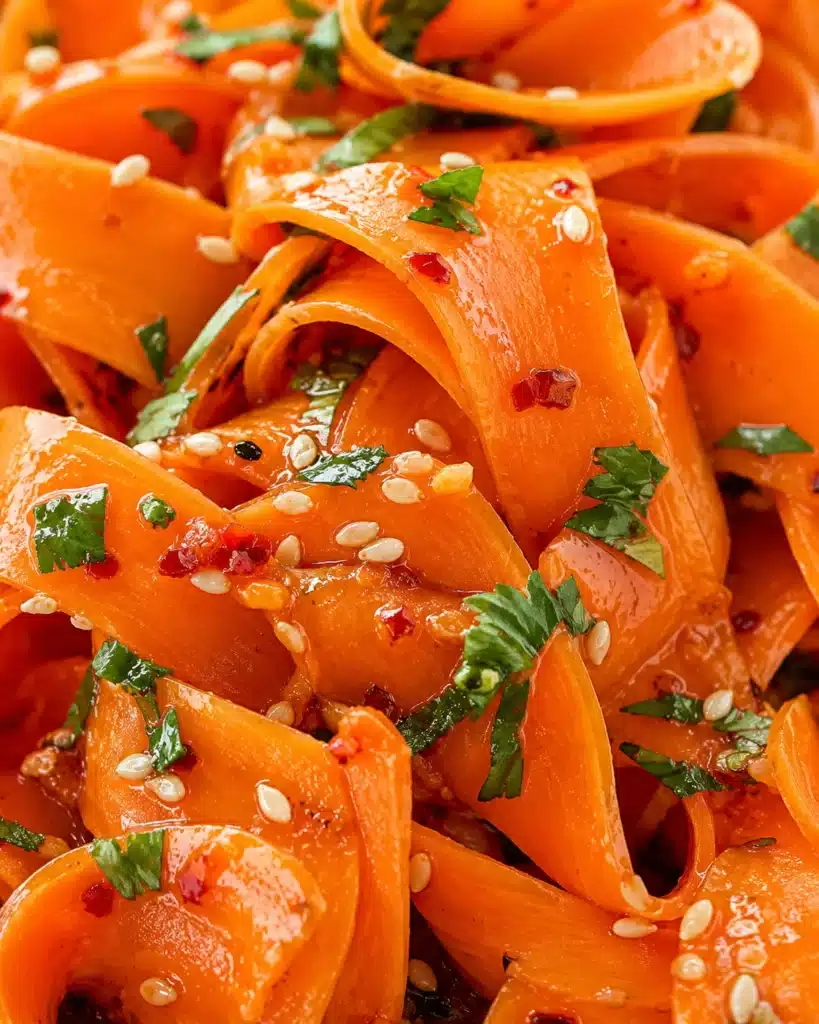 Macro view of carrot ribbons coated in dressing with sesame seeds