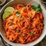 Close up of glossy carrot ribbons with lime slices and fresh herbs