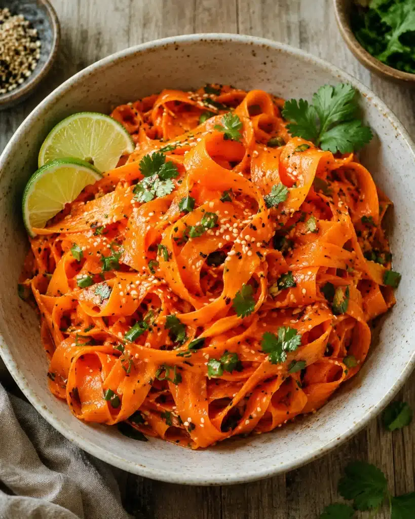 Close up of glossy carrot ribbons with lime slices and fresh herbs