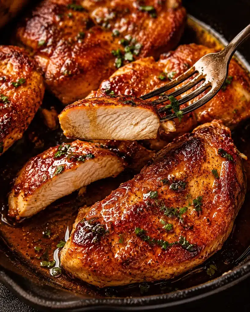 Close up of golden seared chicken breast in a skillet with glossy garlic butter sauce and fresh herbs