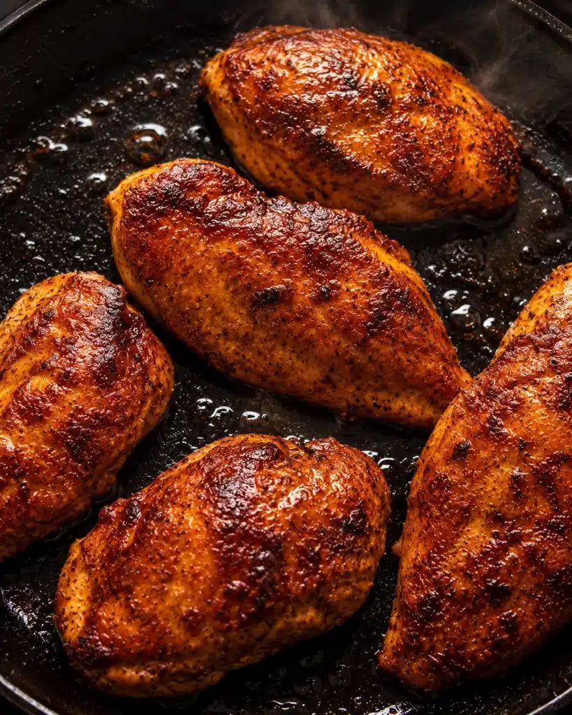 Multiple chicken breasts cooking in a skillet with golden crust and sizzling oil