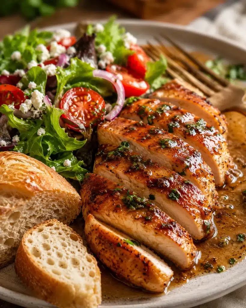 Sliced chicken breast served with fresh salad, cherry tomatoes, and crusty bread on a plate