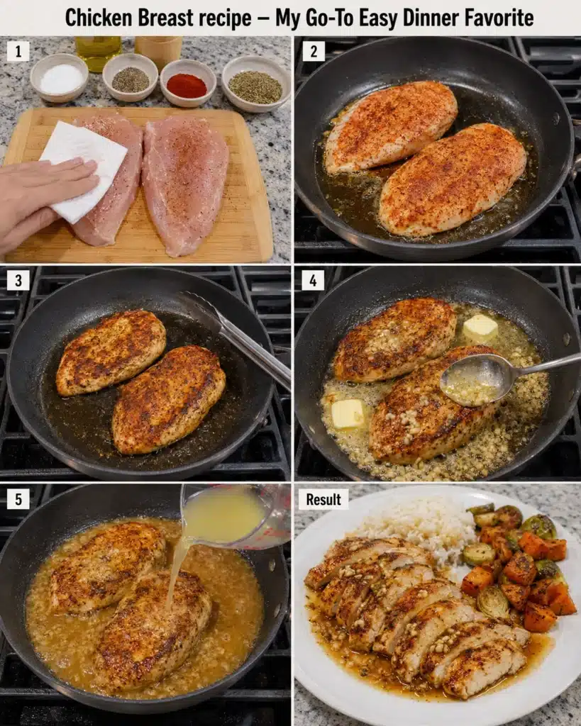 Step by step cooking process showing seasoning, searing, and finishing chicken breast in a pan