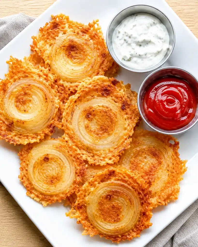 Hand holding a crunchy baked onion chip with visible layers and golden cheese crust
