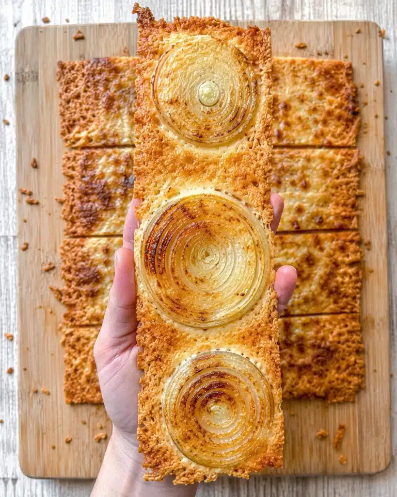 Hand holding a long crispy strip of baked onion and cheese over a wooden board