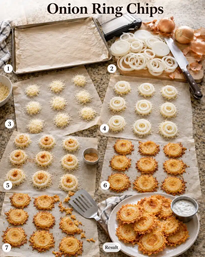 Process of making baked onion chips with parmesan cheese from slicing onions to final crispy result