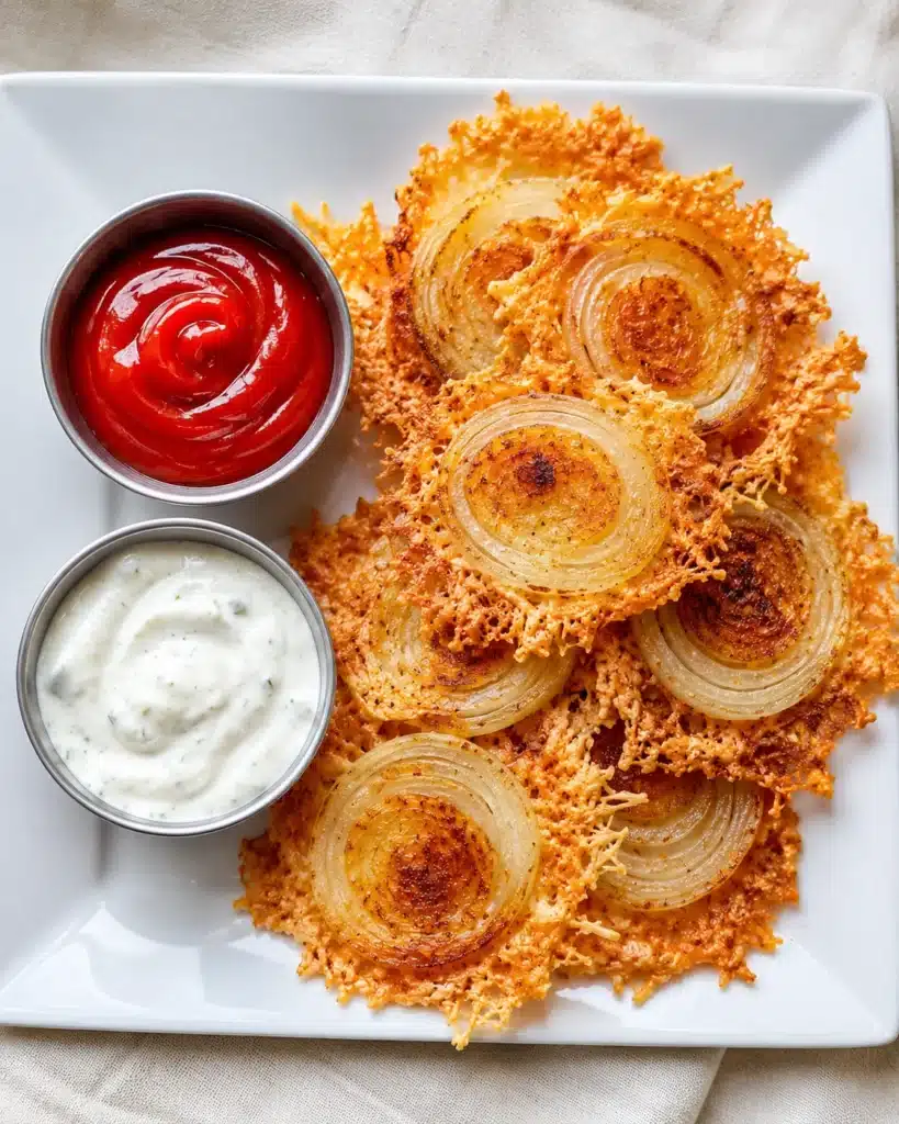 Golden baked onion slices with crispy parmesan edges served with ketchup and creamy dip