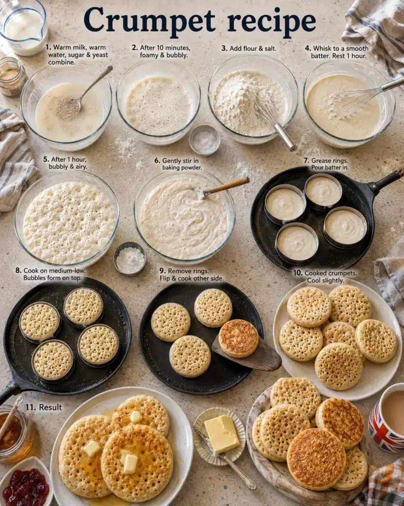 step by step process showing batter preparation and cooking stages for homemade crumpets
