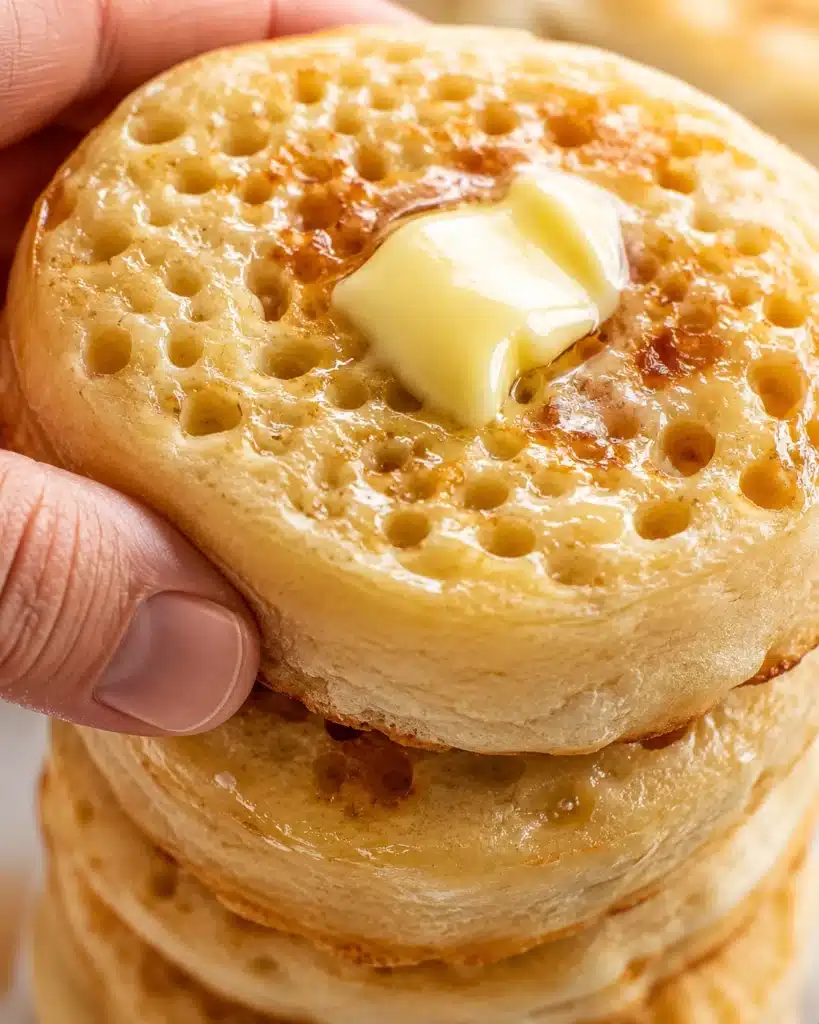 hand holding a soft crumpet with melted butter soaking into the holes on top