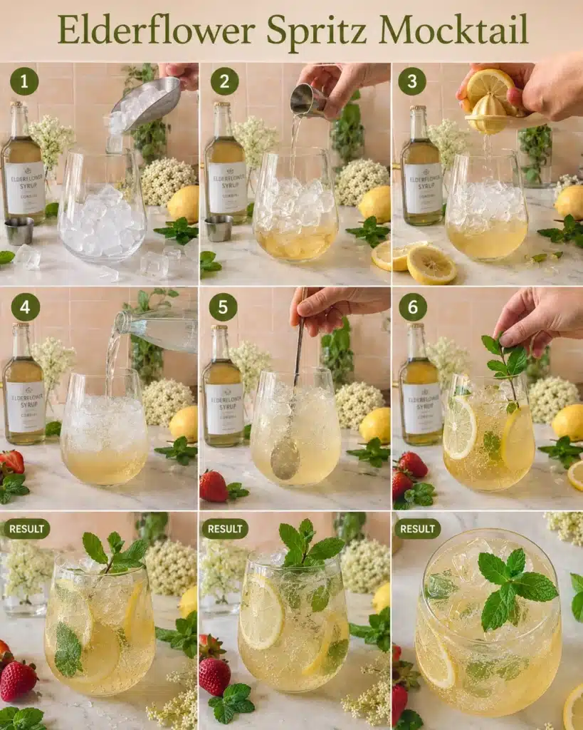 step by step preparation of elderflower mocktail with ice lemon juice syrup and mint garnish