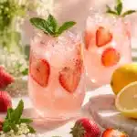light pink sparkling drink in wine glass with strawberry slice and mint garnish on neutral background