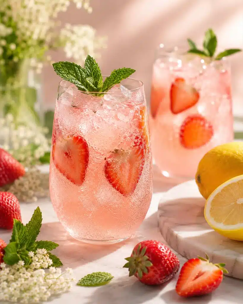 light pink sparkling drink in wine glass with strawberry slice and mint garnish on neutral background