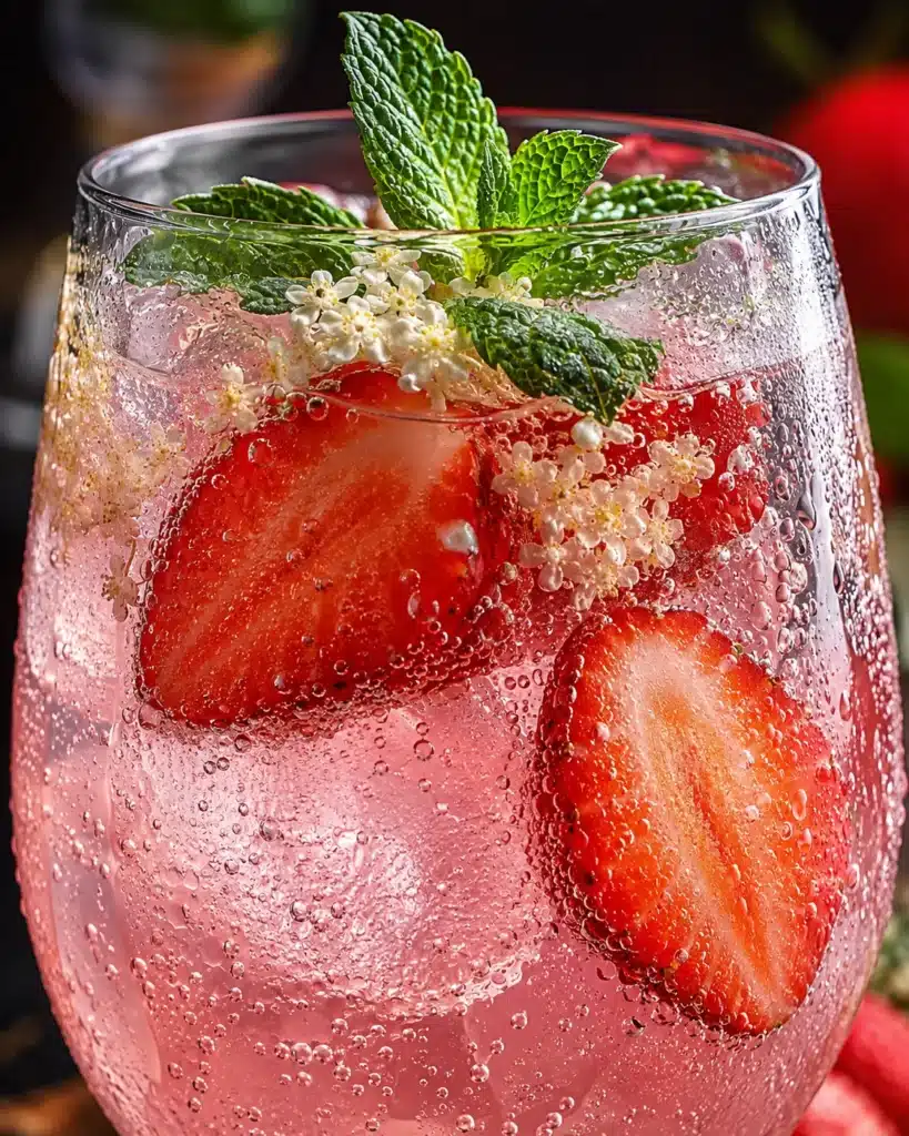 two glasses of pink sparkling drink with strawberries lemon and mint in bright natural light