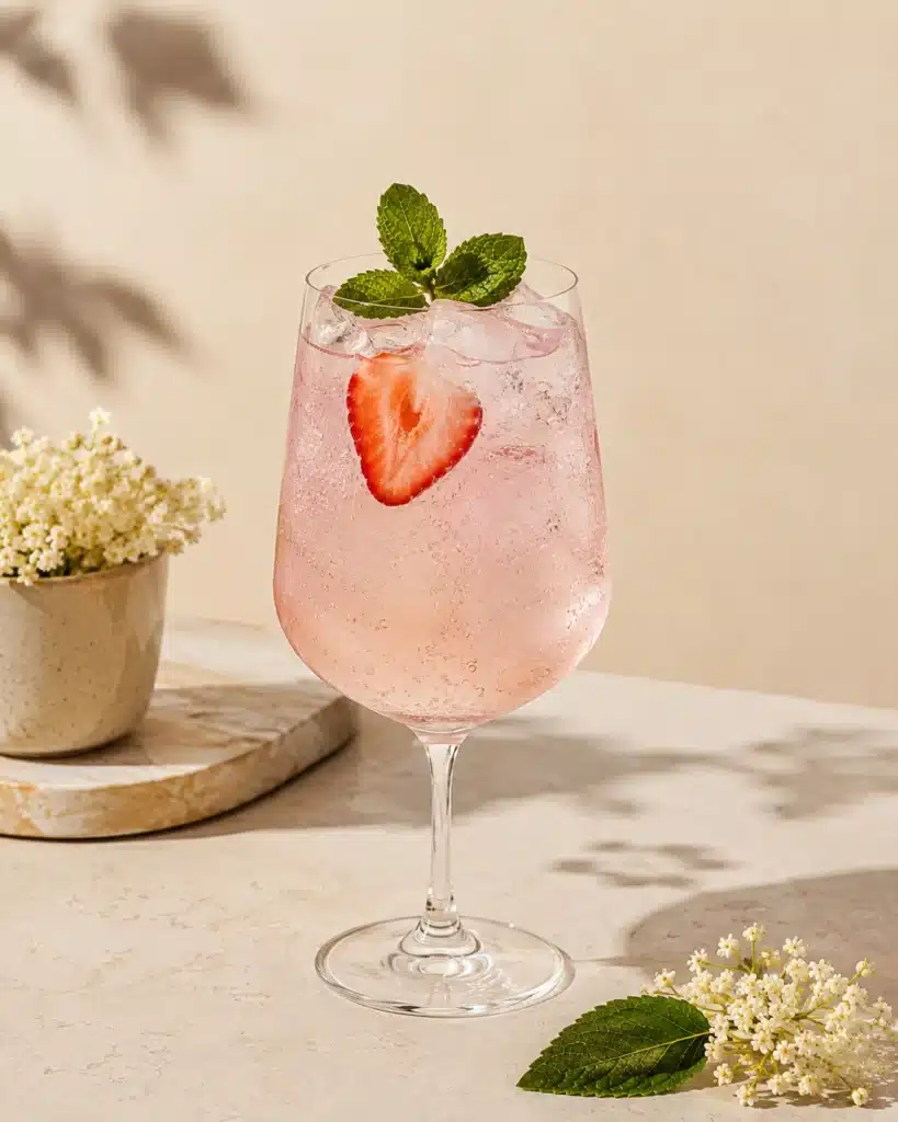 refreshing drink with elderflower syrup bottle lemon slices strawberries and mint on marble board