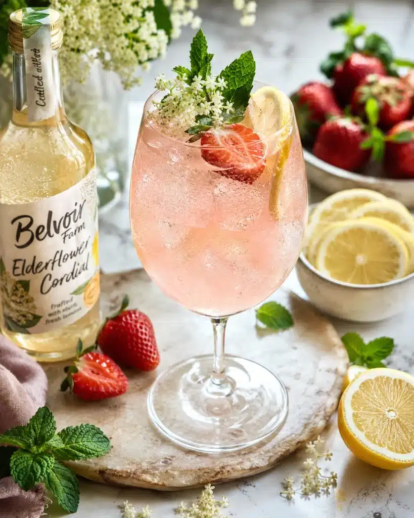 close up of sparkling drink with strawberry slices bubbles and fresh mint leaves