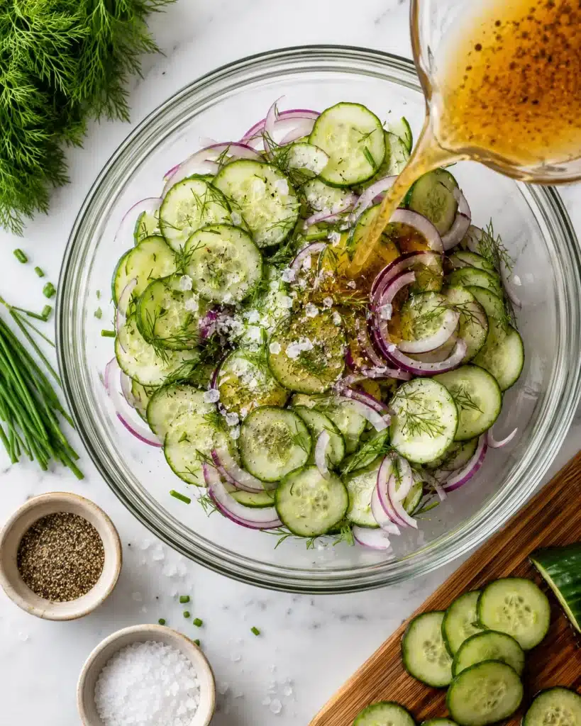Pouring homemade vinaigrette over sliced cucumbers and red onions in a glass bowl
