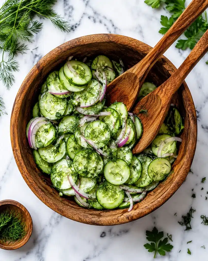 Cucumber slices with red onion and herbs served in a wooden bowl with salad spoons