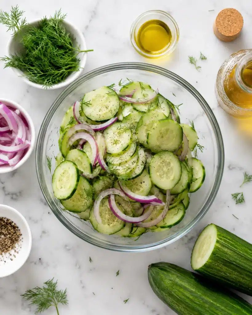 Glass bowl with cucumber slices and onions surrounded by dill, oil, and seasoning on a marble surface