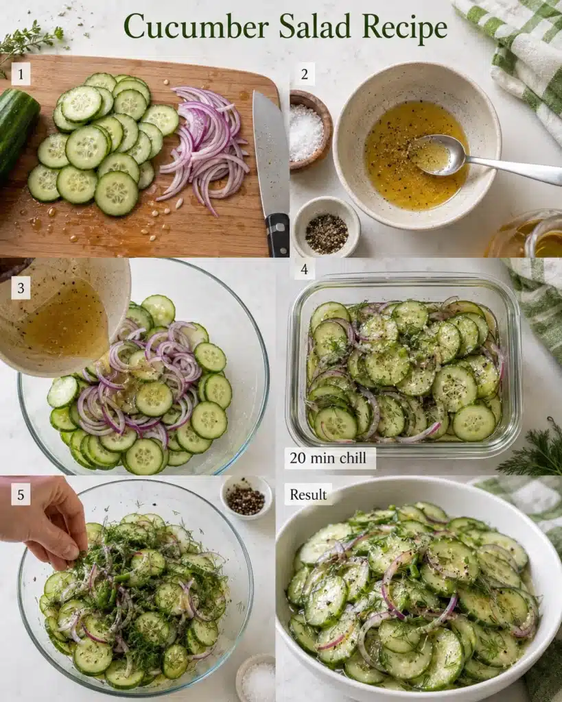 Step by step process of slicing cucumbers, mixing dressing, and combining ingredients in a glass bowl