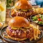 Chicken sandwich with crispy fillet pickles and slaw served with fries and salad