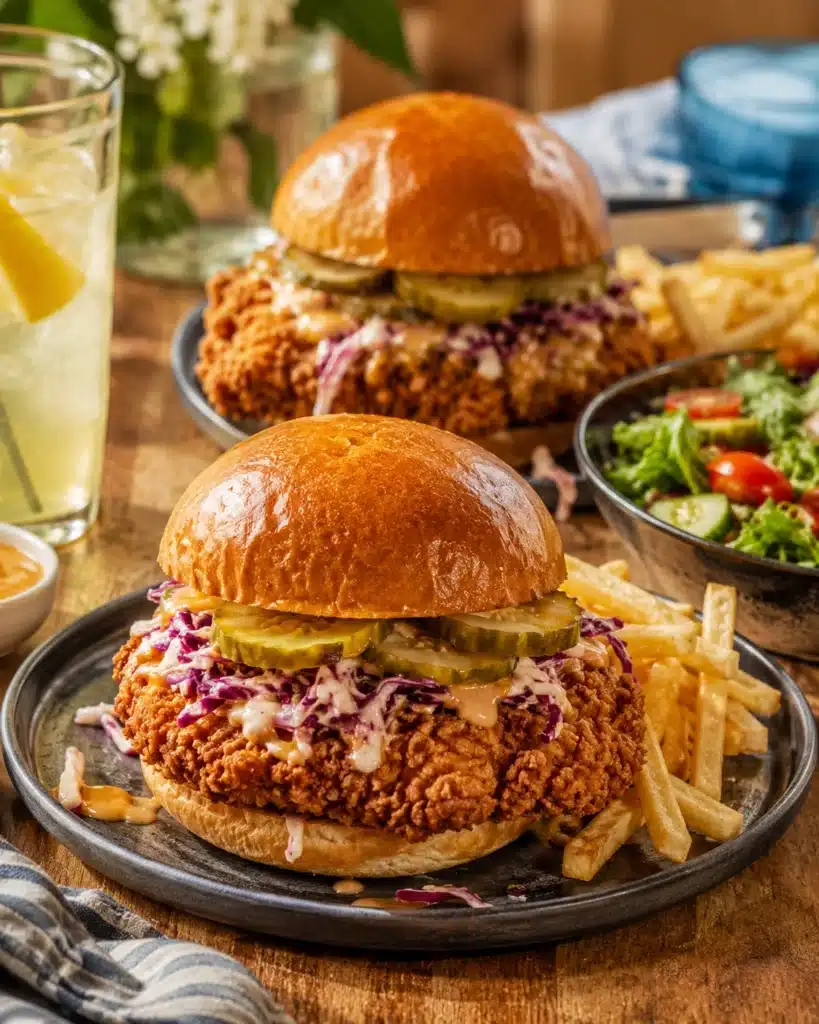 Chicken sandwich with crispy fillet pickles and slaw served with fries and salad