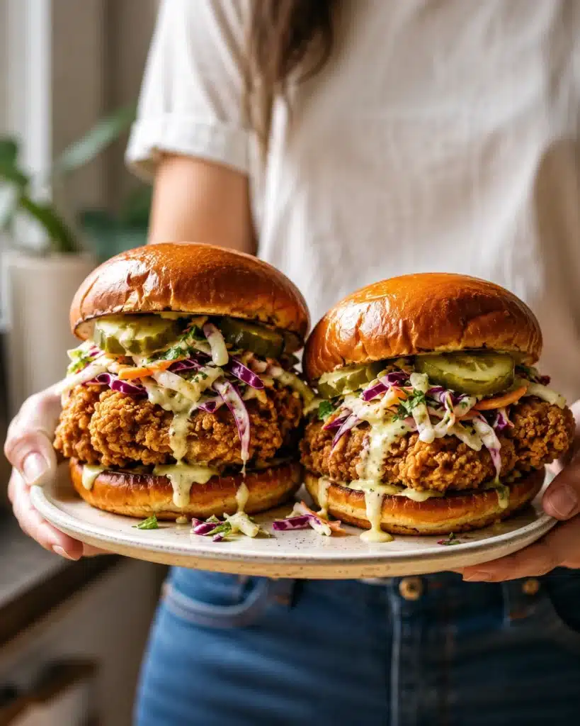 Two chicken sandwiches on a plate held by hands with slaw and pickles