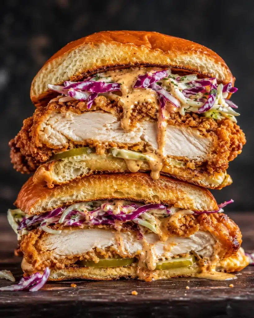 Close up of chicken sandwich showing juicy interior crispy crust and creamy sauce