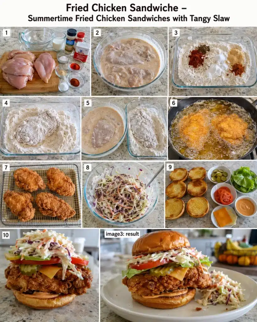 Step by step process showing marinated chicken coating frying and sandwich assembly