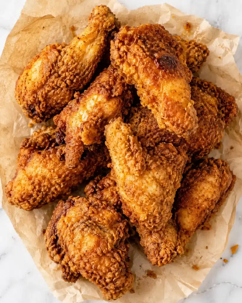 Freshly fried chicken pieces with a golden crispy coating served on parchment paper