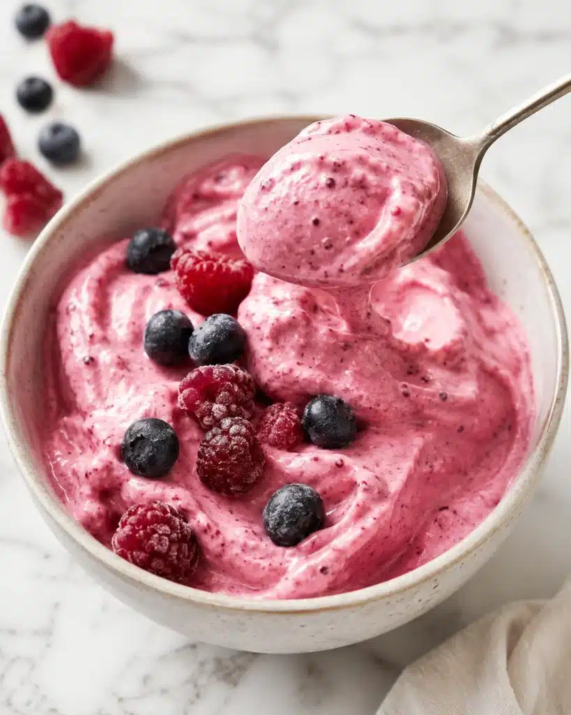 Close up of a spoon lifting creamy berry yogurt dessert from a bowl with fresh berries