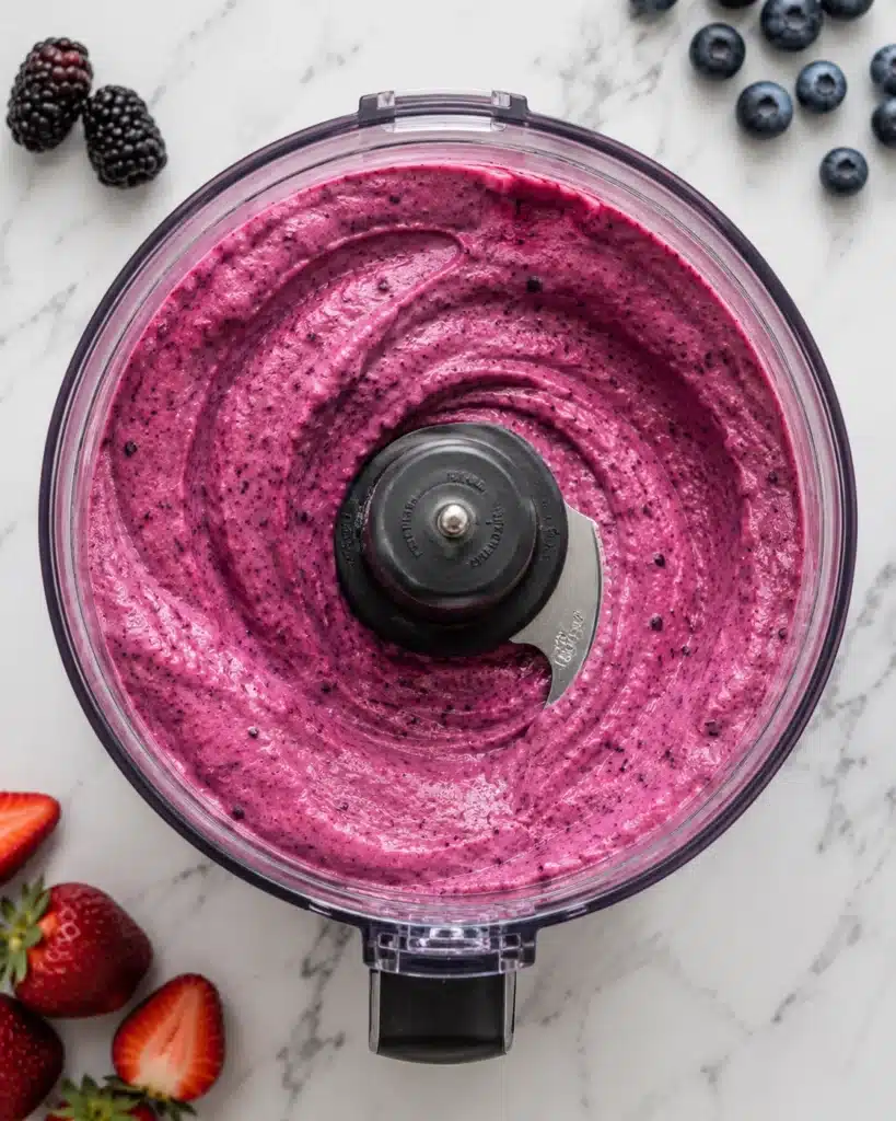 Blended berry yogurt mixture inside a food processor with smooth thick texture