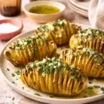 golden baked potatoes sliced into thin layers with garlic butter and fresh herbs on a plate