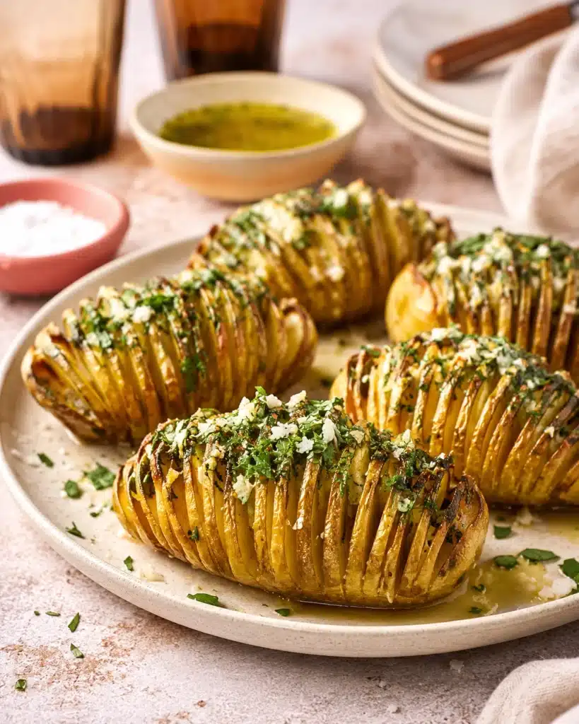 golden baked potatoes sliced into thin layers with garlic butter and fresh herbs on a plate