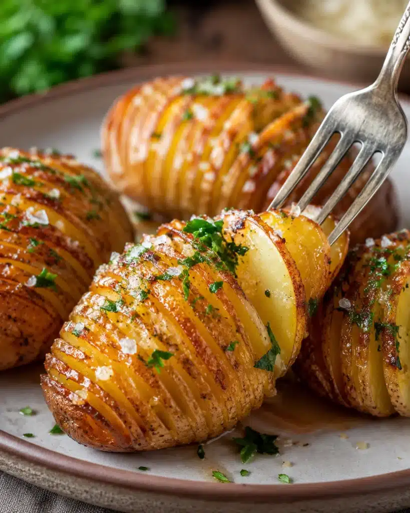 crispy roasted potatoes with thin slices coated in garlic butter and sprinkled with parsley