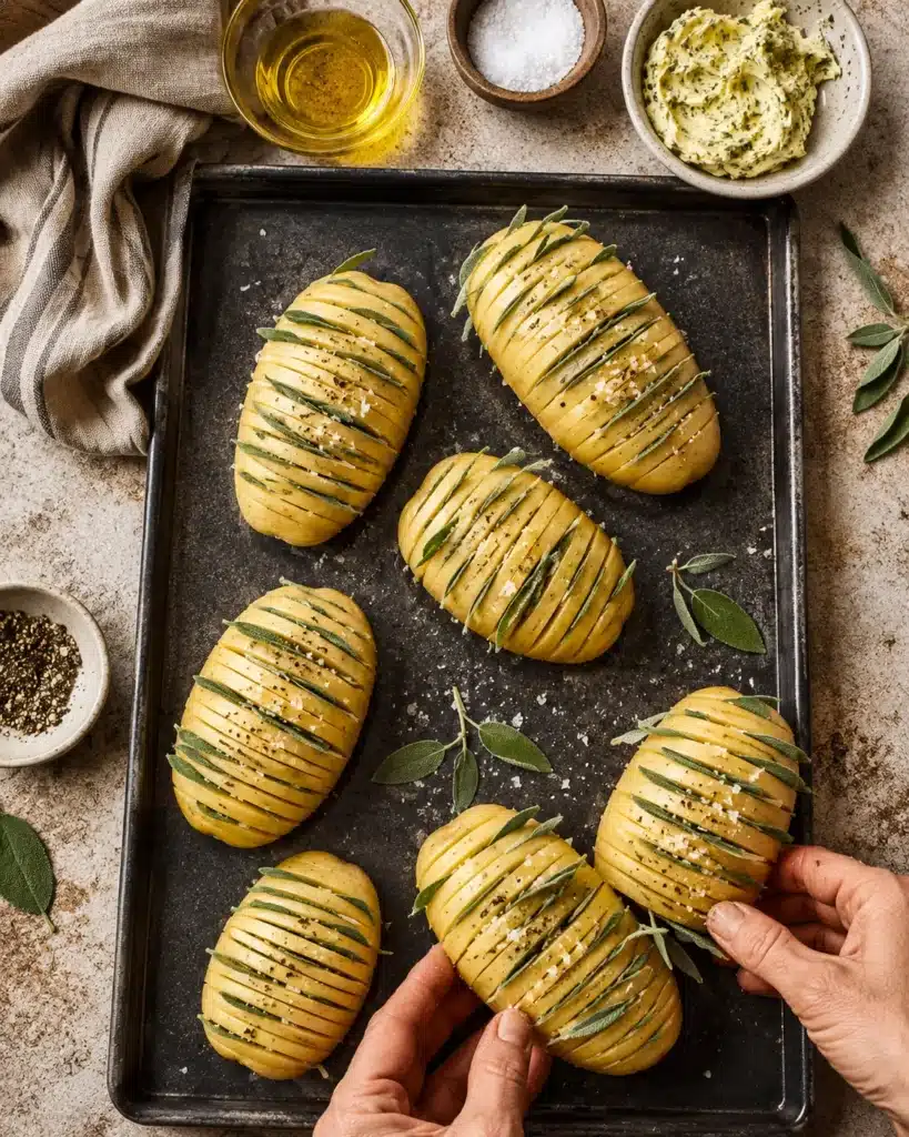 baked potatoes with crispy layers served on a plate with garlic butter sauce and herbs