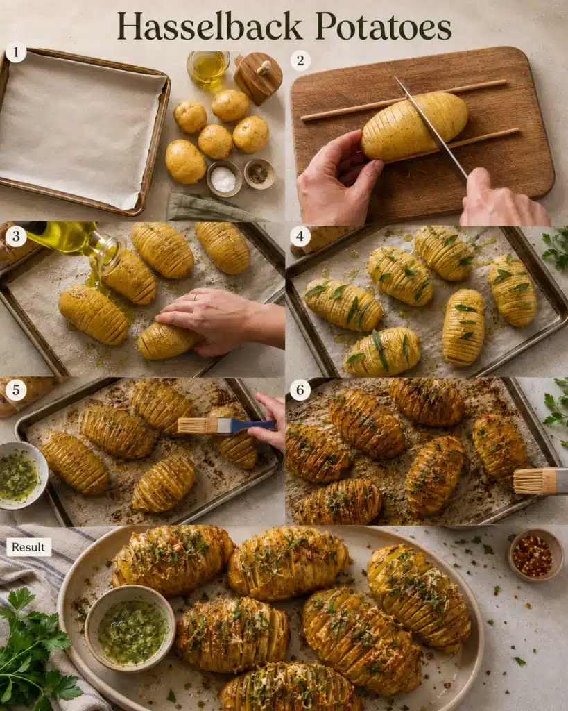 collage showing steps of slicing potatoes adding oil and baking until golden and crispy