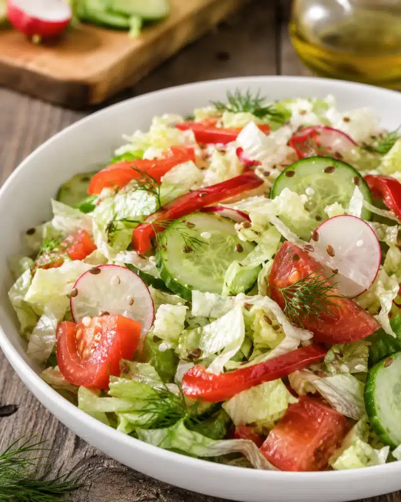Close up of a fork lifting a bite of salad with cucumber, radish, lettuce, and herbs