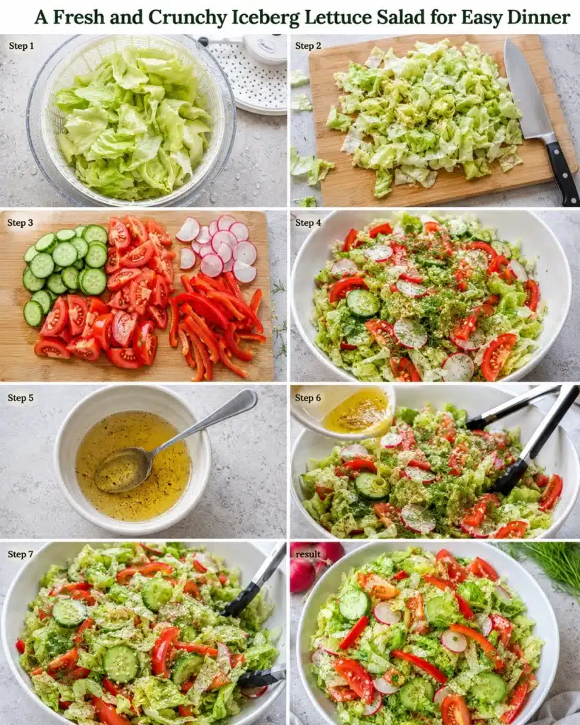 Step by step preparation of a fresh vegetable salad from chopped lettuce to final mix