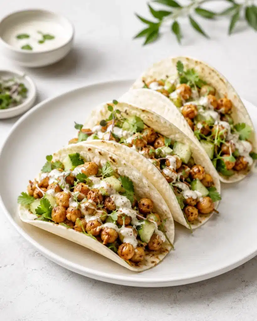 Three soft tacos filled with chickpeas, cucumber, herbs, and creamy dressing on a white plate