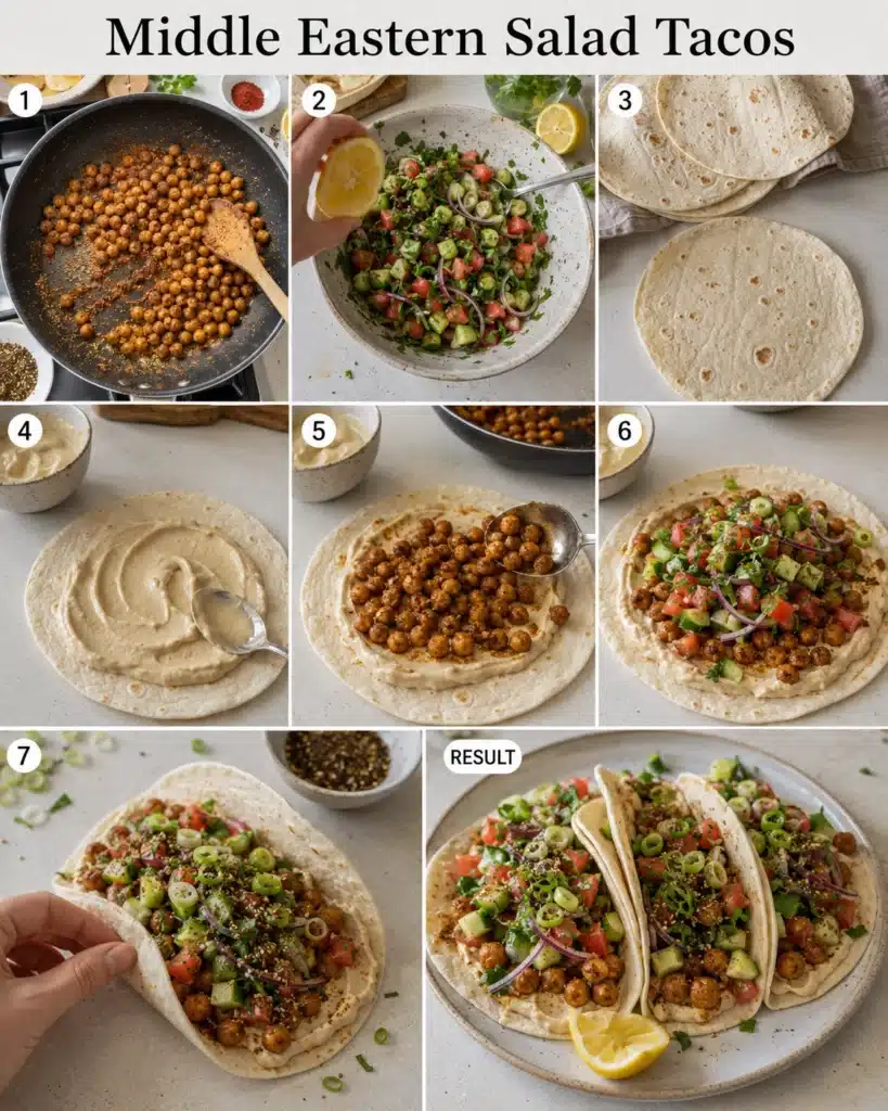Step by step process showing chickpeas cooking and tacos being assembled with fresh ingredients