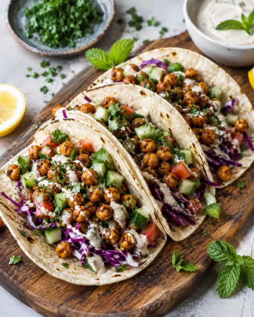Three tacos on a wooden board filled with chickpeas, chopped vegetables, and herbs