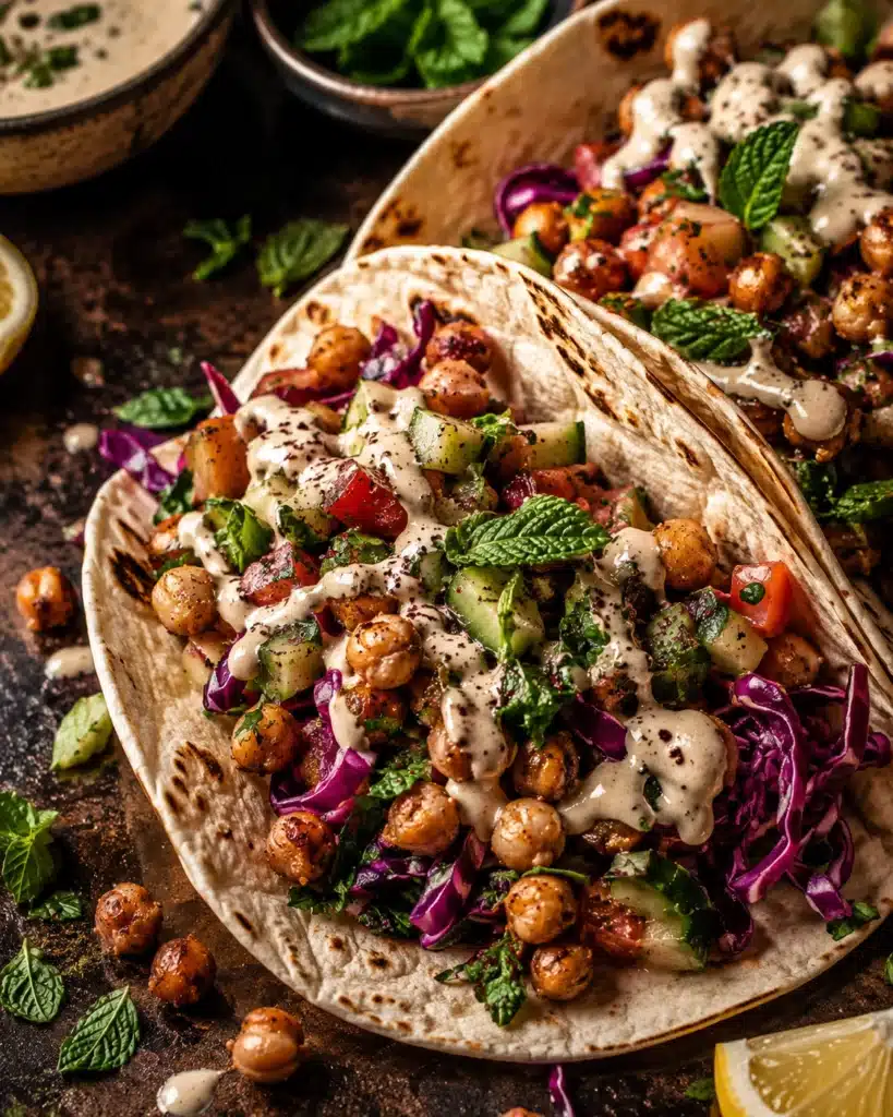 Close up of tacos topped with roasted chickpeas, cucumber salad, and creamy sauce on a rustic surface