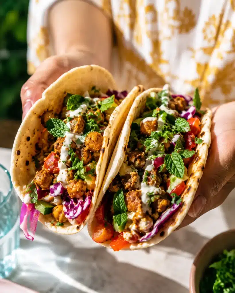 Hands holding soft tacos filled with spiced chickpeas, fresh herbs, and creamy tahini sauce