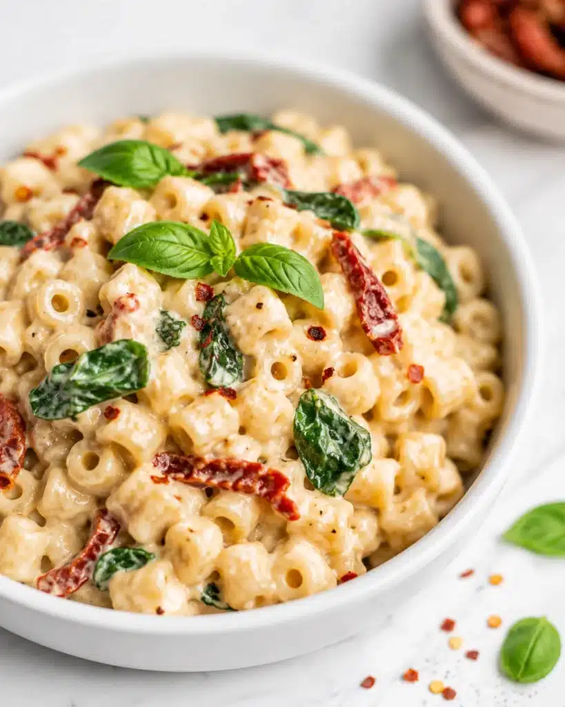 Close up of creamy pasta in white bowl with basil leaves spinach and sun dried tomatoes