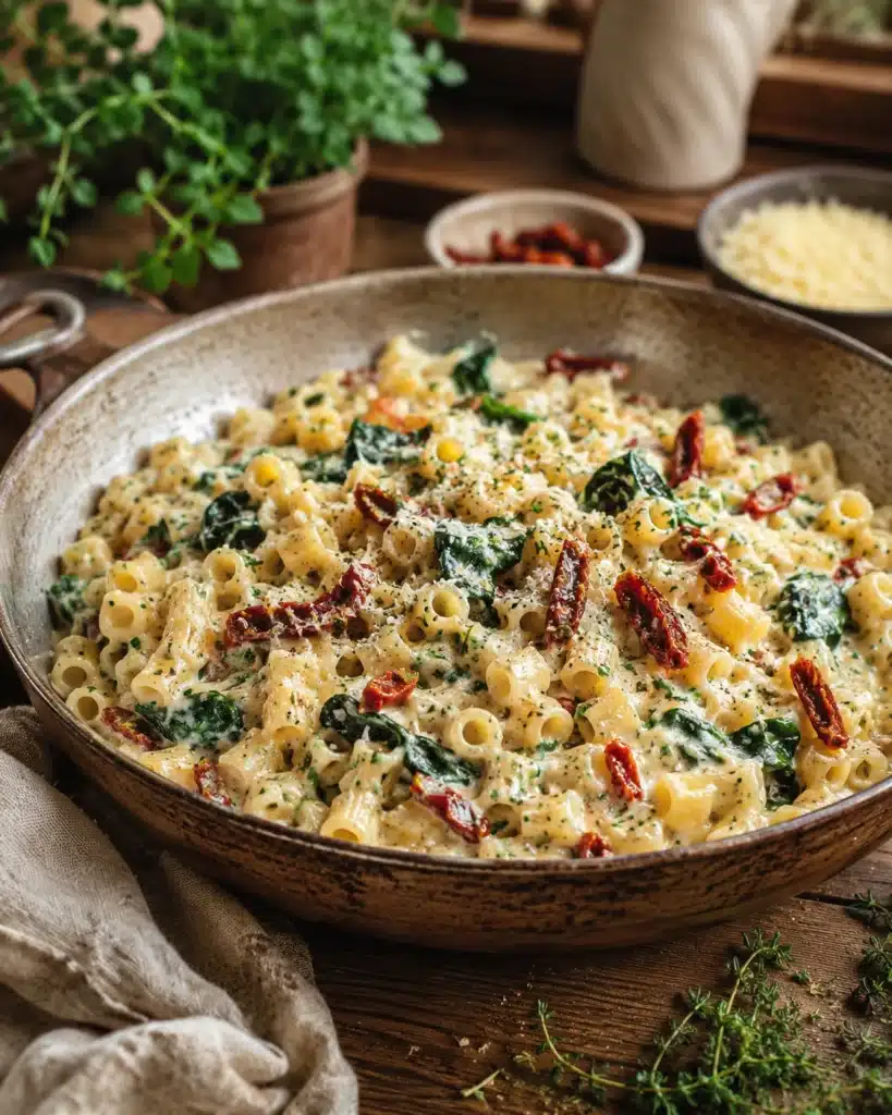 Rustic bowl of creamy pasta topped with herbs spinach and sun dried tomatoes on wooden table