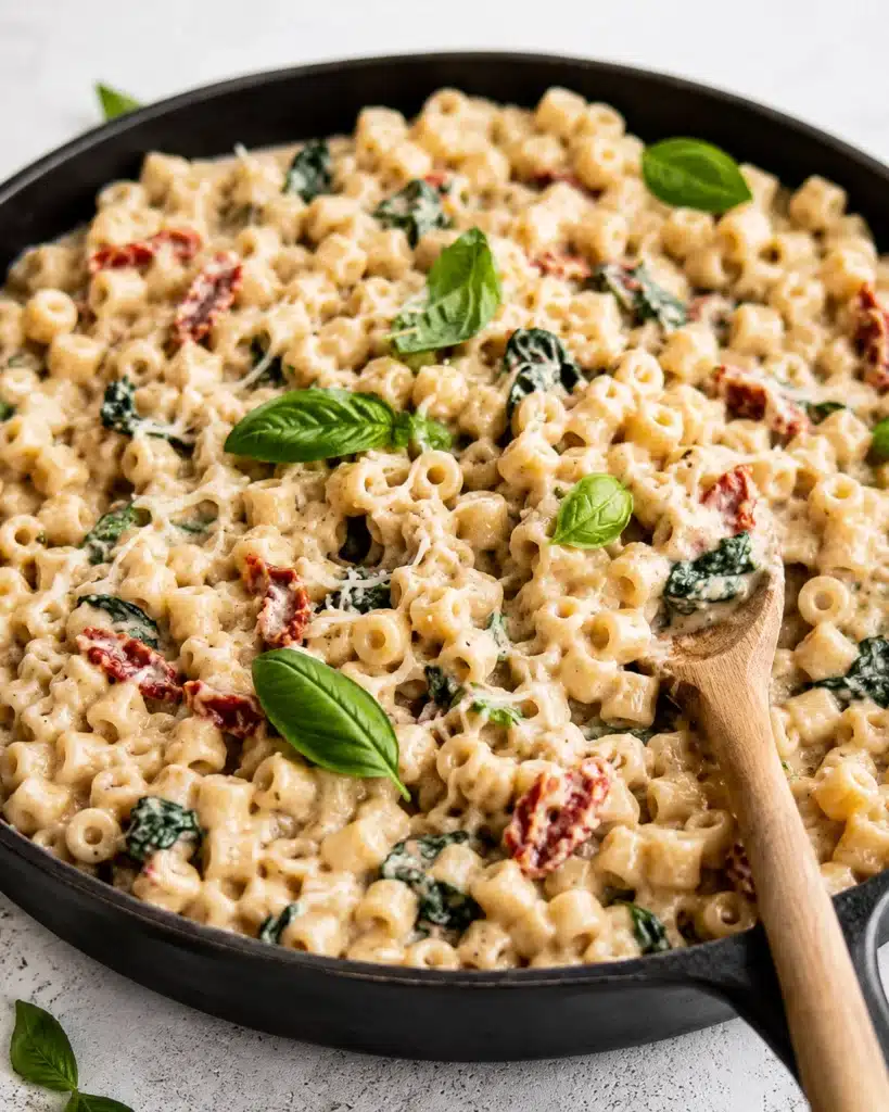 Creamy pasta in a skillet with spinach leaves sun dried tomatoes and fresh basil on top